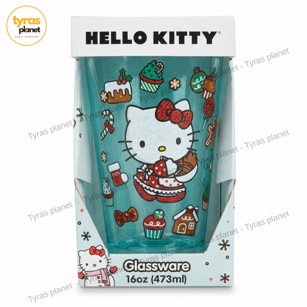 Hello Kitty Sanrio Christmas Glass Cup Gingerbread Holiday Blue 16 oz New In Box